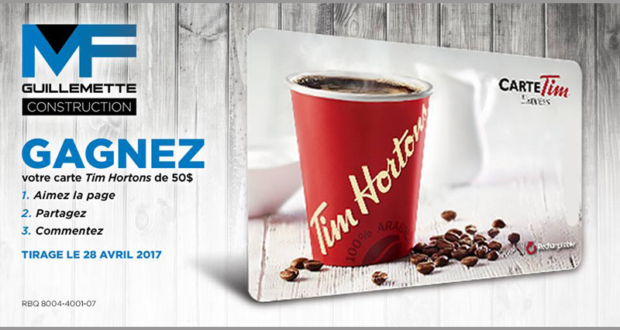 Carte-cadeau Tim Horton's d'une valeur de 50$