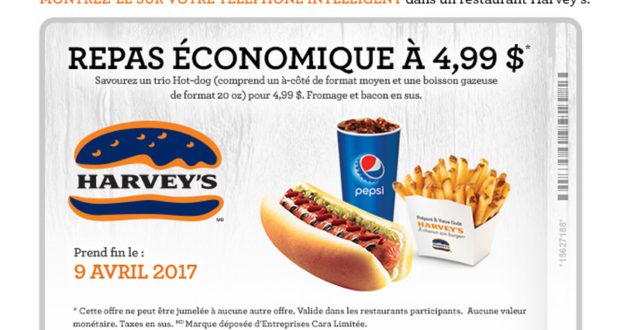 Repas économique à 4,99$ seulement chez Harvey's