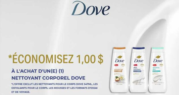 Coupon de 1$ à l'achat d'un produit nettoyant pour le corps Dove